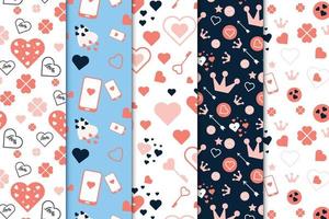 Love shape pattern background collection with different heart shapes. Abstract love element pattern bundle with white and dark backgrounds. Valentine love pattern set for wallpapers and cover pages. vector