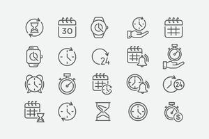 Time and clock vector linear icons set. Timer, alarm, calendar, time, stopwatch, hourglass, and more. Collection of time icons. Vector illustration
