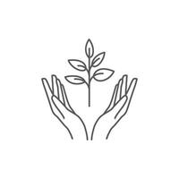 diseño de iconos de mano y planta. pictograma de hoja de planta. logotipo lineal de semilla y mano. árbol en vector de mano. ilustración vectorial