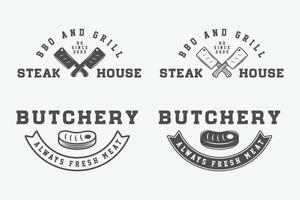 Set of vintage butchery meat, steak or bbq logos, emblems, badges, labels. Graphic Art. Illustration. vector