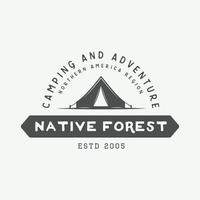 Vintage camping outdoor and adventure logo, badge, label, emblem, mark . Vector illustration. Monochrome Graphic Art.