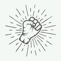 Fist with sunbursts in vintage style. Graphic art. Vector illustration
