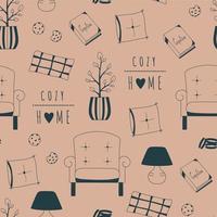 Cozy home seamless pattern. Hand drawn outline print with armchair, pillows, cookies, lamp. Stay at home background vector