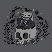 Beautiful background, cute cat sitting in a skull stroller with a pumpkin vector