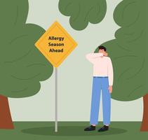 Man with pollen allergy near Yellow sign vector