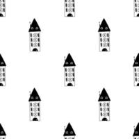 Hand drawn doodle house pattern background. Black and white buildings. vector