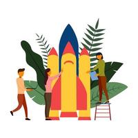 People are building a spaceship rocket, vector illustration