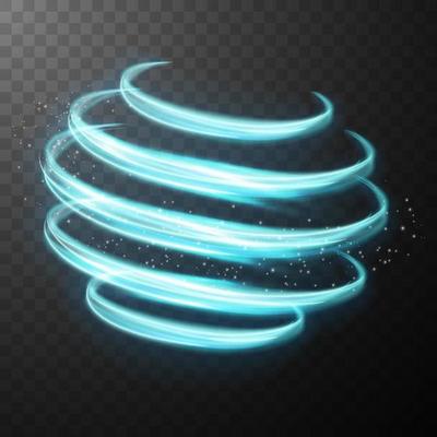 Blue glowing shiny spiral lines abstract light speed and shiny wavy trail