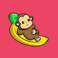 Cute Monkey Laying On Banana Fruit Cartoon Vector Icons Illustration. Flat Cartoon Concept. Suitable for any creative project.