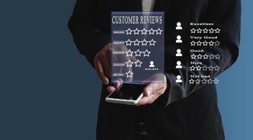 User gives rating to service experience on online application, Customer review satisfaction feedback survey concept, Customer can evaluate quality of service leading to reputation ranking of business. photo