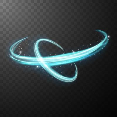 Blue glowing shiny spiral lines abstract light speed and shiny wavy trail
