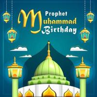 Prophet Muhammad Birthday, glowing green mosque vector