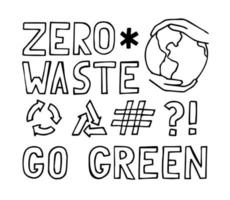 cero desperdicio ir con letras verdes. manos sosteniendo la tierra. icono de reciclaje. vector