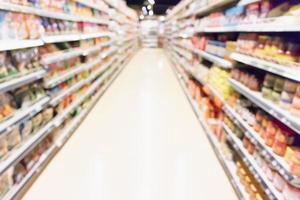 pasillo de supermercado borroso abstracto con producto en estantes fondo desenfocado foto