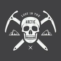 Vintage arctic skull with ice axes, mountains and slogan. Vector illustration