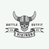 Vintage vikings logo, label, emblem, badge in retro style with quote. Monochrome Graphic Art. Vector Illustration.