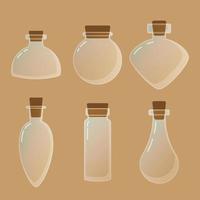 conjunto de diferentes botellas pequeñas de vidrio vacías para el elixir de fantasía de poción líquida. interfaz gráfica de usuario del icono del juego para la interfaz de usuario de los juegos de la aplicación vector