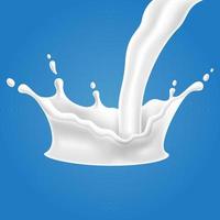 Vector illustrations of milk splash and pouring, realistic natural dairy products, yogurt or cream, isolated on blue background.