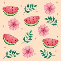 beautiful flowers and leafs with watermelons pattern vector