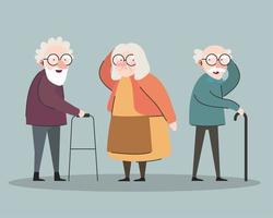 group of three grandparents using walker and cane characters vector