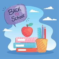 back to school lettering in speech bubble with books and apple vector