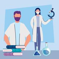 doctors couple wearing medical masks with books and laboratory icons vector