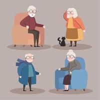 group of four grandparents seated in sofas characters vector