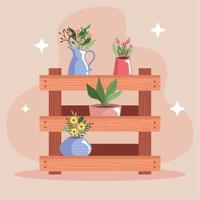 beautiful flowers garden in vases over wooden shelf vector