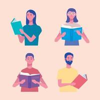 group of readers reading books characters vector
