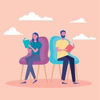 couple readers reading books seated in chair characters vector