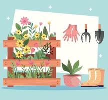 hermoso jardín de flores en caja de madera y establecer iconos vector