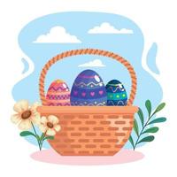 feliz tarjeta de celebración de Pascua con huevos en la escena del jardín de la cesta vector