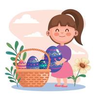 feliz tarjeta de celebración de pascua con una niña levantando huevos en una canasta vector
