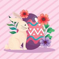 feliz tarjeta de celebración de pascua con huevo pintado y lindo conejo vector