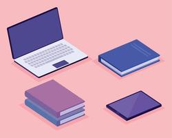 books and laptop isometric workspace set icons vector