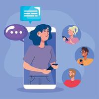 woman in smartphone with community and speech bubbles vector