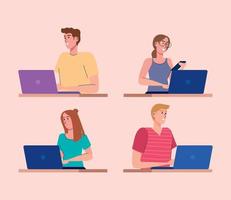 young four persons using laptops technology vector