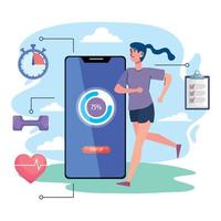 atleta femenina corriendo con iconos de estilo de vida de fitness de smartphone vector