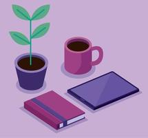 tablet with book and houseplant bundle of isometric workspace set icons vector