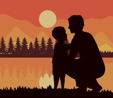 father and son sunset scene vector