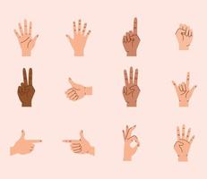 twelve hands human gestures vector