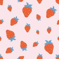 Seamless pattern of strawberry on pink background. Repeating background with summer fruit. Creative scandinavian kids texture for fabric, wrapping, textile. Hand drawn doodle. Vector illustration