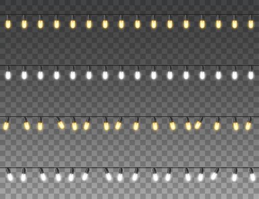 Christmas lights isolated realistic design elements. Glowing lights for christmas Holiday greeting card design. Garlands, Christmas decorations