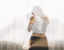 Asian women with stress, She kept herself alone in her bedroom, Depression. photo