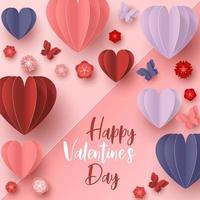 Happy valentines day paper cut style with colorful heart shape in pink background vector