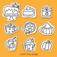 conjunto de colorantes elementos de otoño. conjunto de garabatos de acción de gracias dibujados a mano para pegatinas, impresiones, invitaciones, tarjetas, páginas para colorear, plantillas de invitación, etc. vector