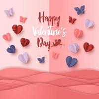 Happy valentines day paper cut style with colorful heart shape in pink background vector