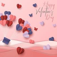 Happy valentines day paper cut style with colorful heart shape in pink background vector