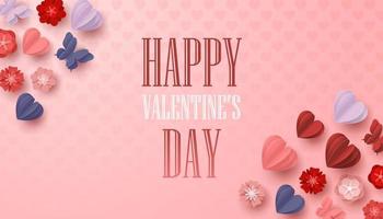 Happy valentines day paper cut style with colorful heart shape in pink background vector