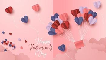 Happy valentines day paper cut style with colorful heart shape in pink background vector